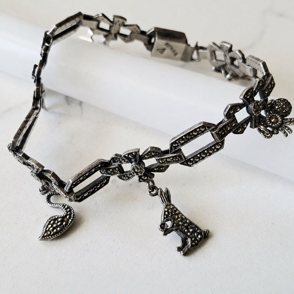 Judith Jack Sterling Silver Marcasite Animal Charm Bracelet Vintage